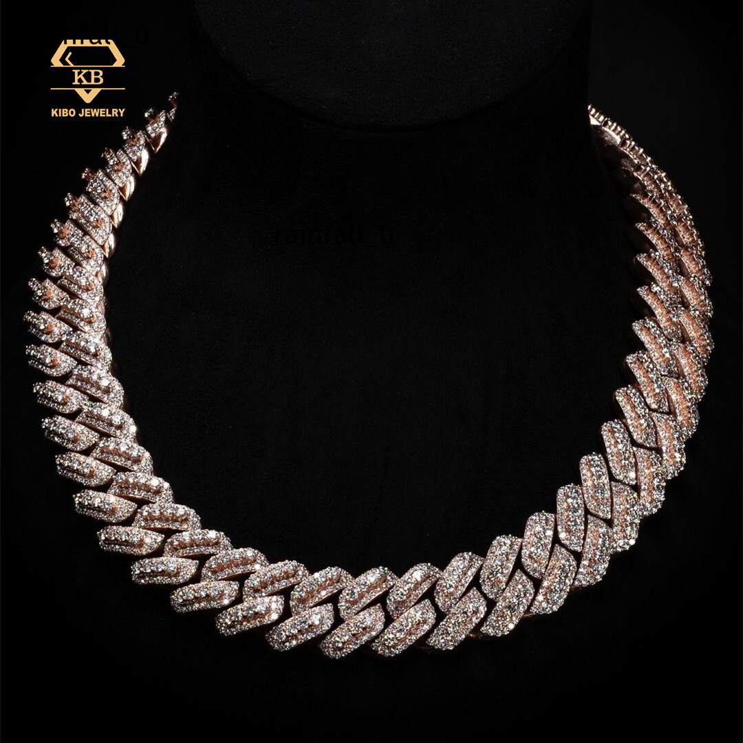22mm 24mm Big Size 925 Sterling Silver Rose Gold VVS Raised Pointer Chain Cuban Link Chain Moissanite