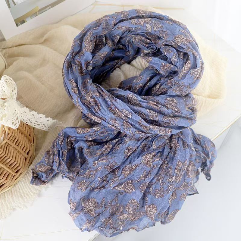 T525 natural ancient flower pleated cotton and linen texture scarf versatile silk scarf shawl autumn and winter fashion women's neck scarf