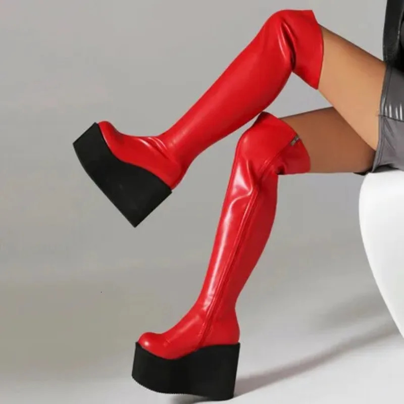 Platform Wedge Over Knee High Boots For Women Shoe Trends Black White Pink Heels Long Boot Winter Shoes Female Waterproof 251121