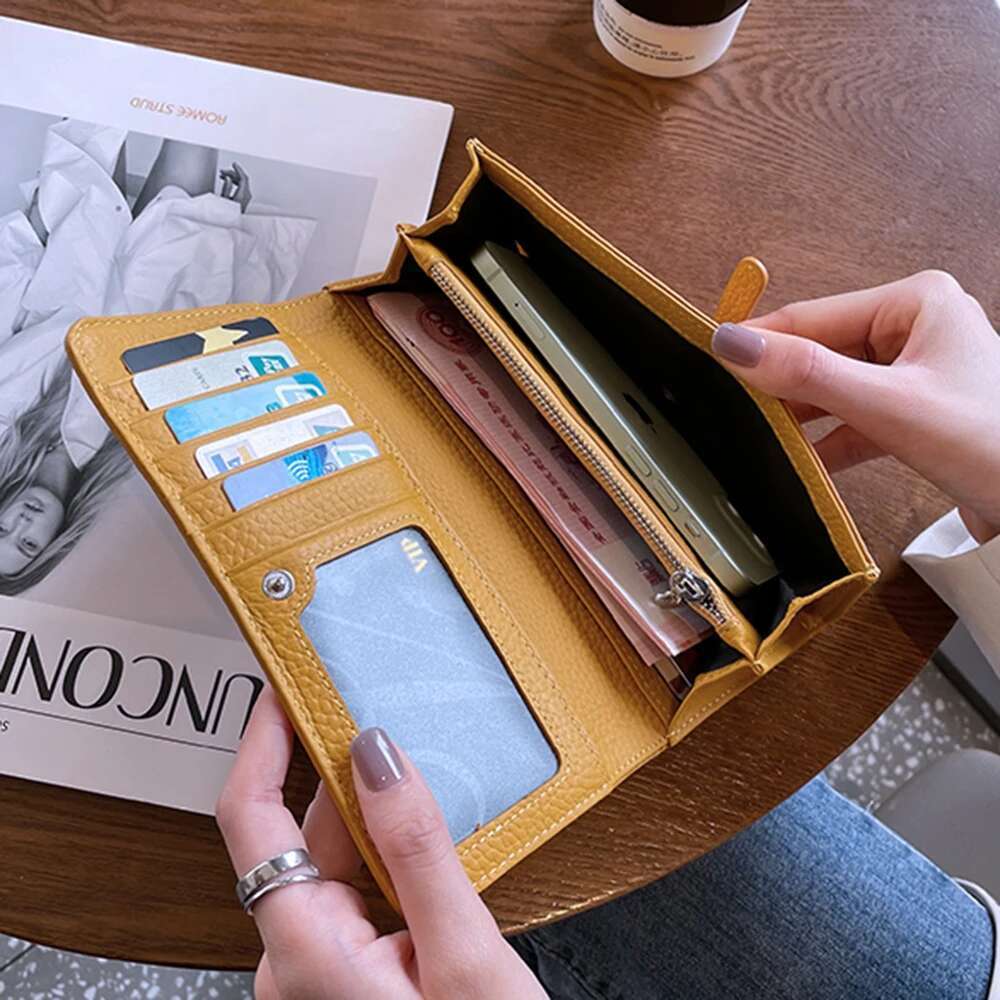 100% Genuine Leather Women Long Wallet Designer Round Hasp Female Phone Clutch Bag hot Large Capacity Cowhide Mobile Purse