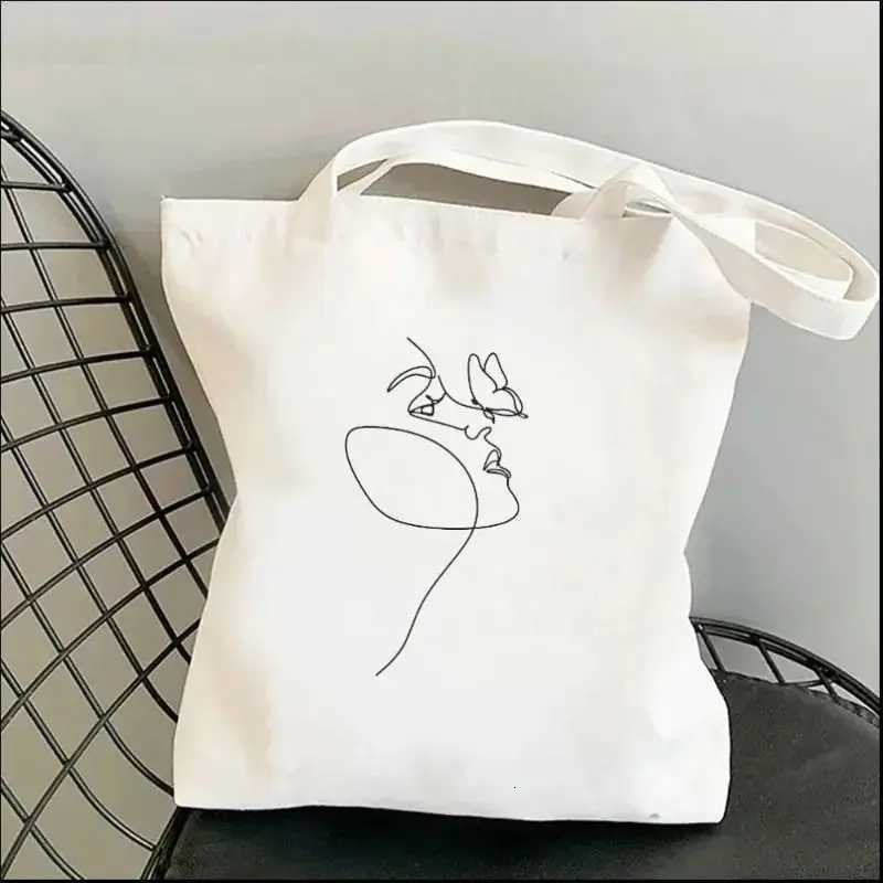Vintage Face Line Pattern Female Canvas Tote Bag Large Capacity Shopper Shoulder Bags Reusable Casual Shopping Handbag for WomenT251121