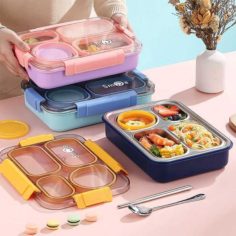 Stainless Steel 4 Divided Compartments Bento Lunch Box Kids Insulated Lunch Box for School Office Kitchen Food Storage ContainerM251121