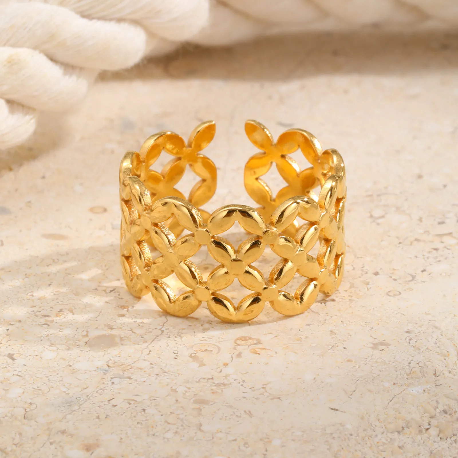 Womens hollow open adjustable flower wreath stainless steel thick wide thumb ring 250418 250418