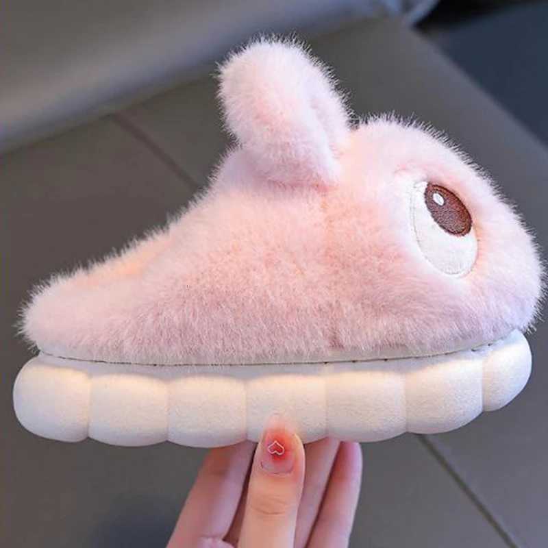 Fluffy Fur Cartoon Rabbit Cute Indoor Slippers Children 2025 Winter Warm Plush Non Slip Thick Bottom Slippers Girls Home SlidesW251121