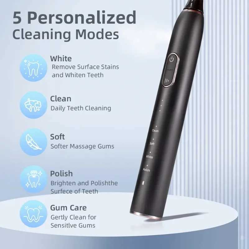 Sonic Electric Toothbrush Rechargeable with 6 Brush Heads and Travel Case 5 Modes Deep Cleaning Dental Cleaner C251121