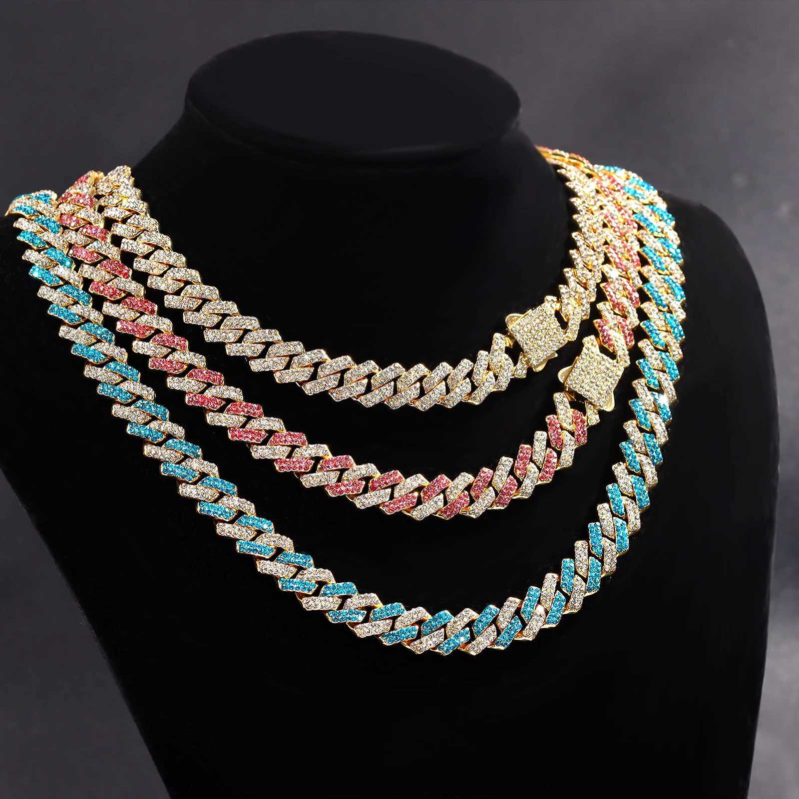 14MM Multicolor Pink Blue Iced Out Crystal Prong Cuban Chain Necklace For Women Men Bling Paved Rhinestonehip Hip Hop JewelryXJ251121