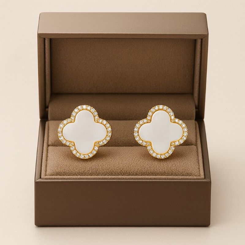 Clover Shaped Mother of Pearl Stud with Zirconia Accents S925 Silver Hypoallergenic Earrings for Daily Outfit and Valentine Day H260202