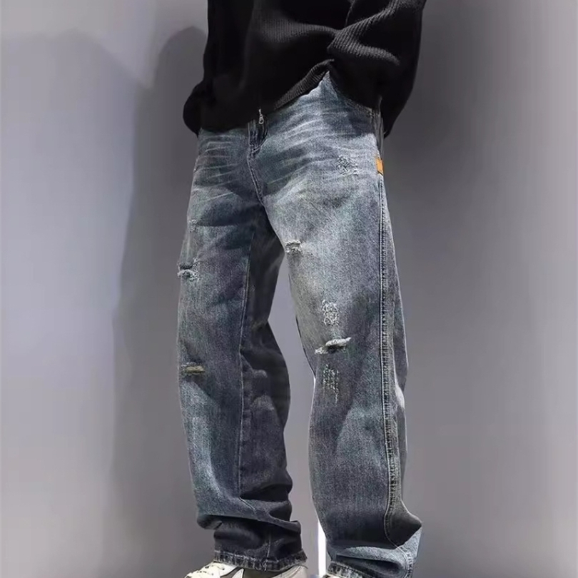 Mens Ripped Jeans Baggy Straight Fashion Vintage Blue Denim Pants Personality Streetwear Hip Hop High Quality Male Trousers w251120