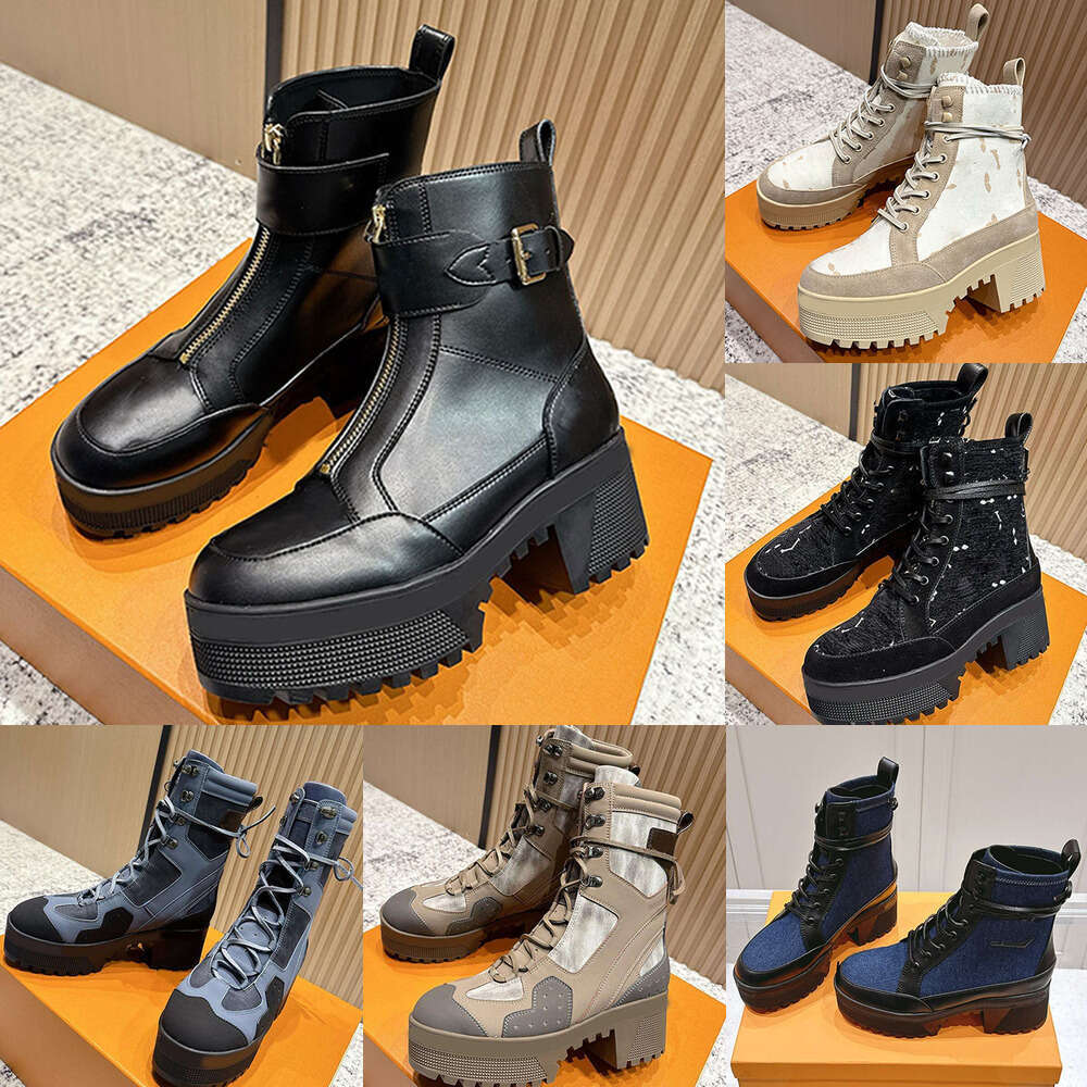 2025 designer boot womens show chunky heel ankle booties Laureate Platform Desert Boots upper combines canvas rubberized calf leather Taupe Brown shoe Martin boot