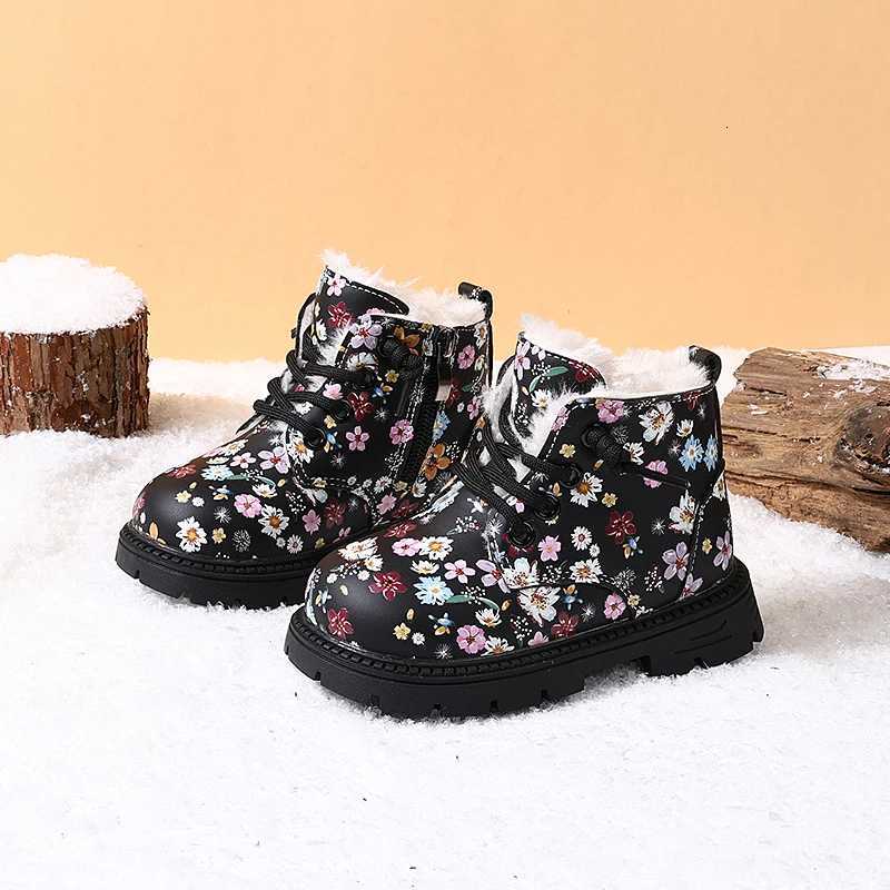 2024 New Winter Children Snow Boots Leather Flower Warm Plush Toddler Kids Shoes Non-slip Fashion Girls Boots EU 23-31W251121