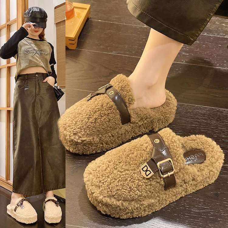 Fashion Designer Slippers Shoes Booties Platform Thick Sole Closed Toe Mules For Women 2025 Winter Lamb Wool Fleece Lined Warm Cotton Slippers