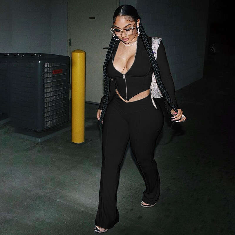 hoodie Women's Wear Winter New Women's Casual Sports Half High Collar Zipper Solid Color Slimming Top Bellbottom Pants Set jacket