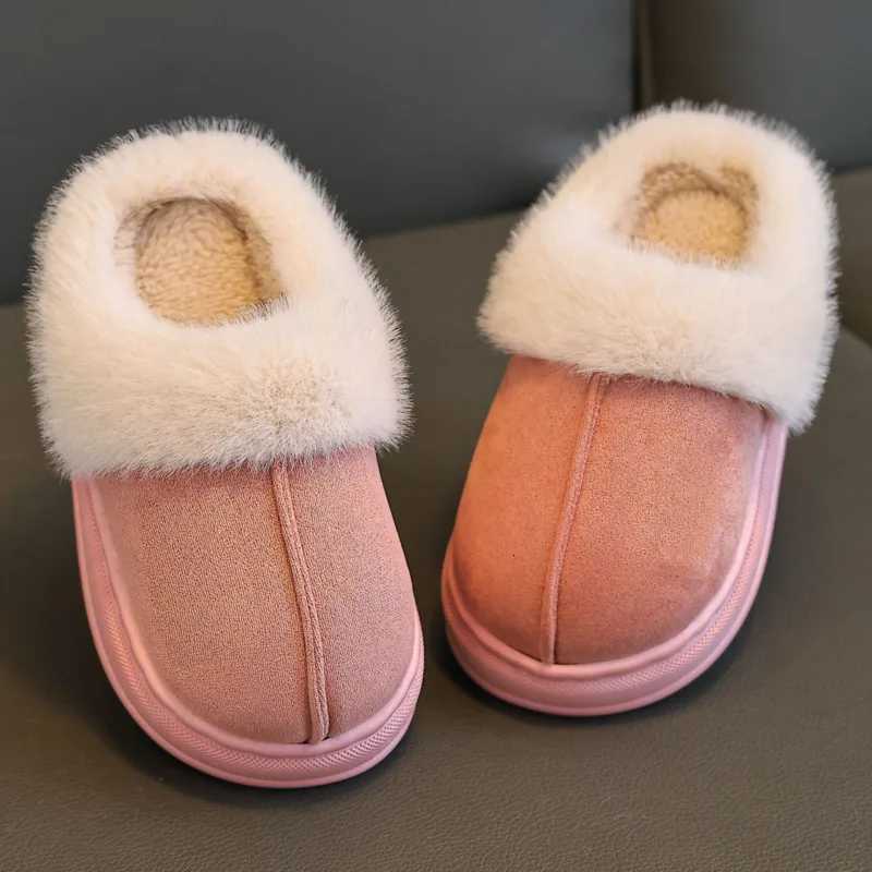 Solid PU Leather Boys Girls Slippers Winter Plush Warm Furry Children Slippers Casual Soft Bottom Floor Kids Home ShoesW251121
