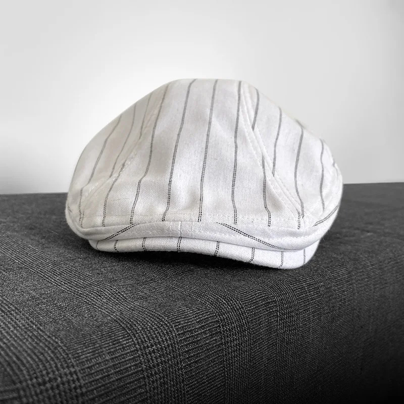 Spring and summer linen s boy hat white striped breathable beret mens literary retro hat British hat mens hat 53 250420