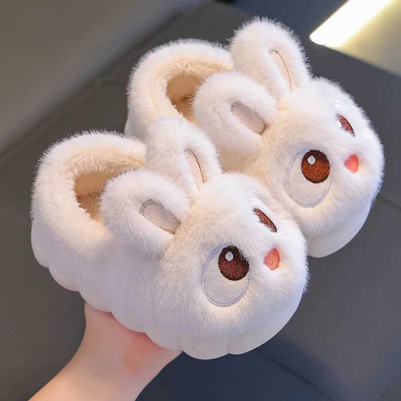 Fluffy Fur Cartoon Rabbit Cute Indoor Slippers Children 2025 Winter Warm Plush Non Slip Thick Bottom Slippers Girls Home SlidesW251121