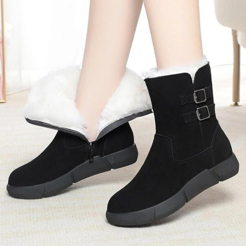 Winter Womens Snow Boots Minimalist Double Buckle Side Zipper FleeceLined Warm MidCalf 251121