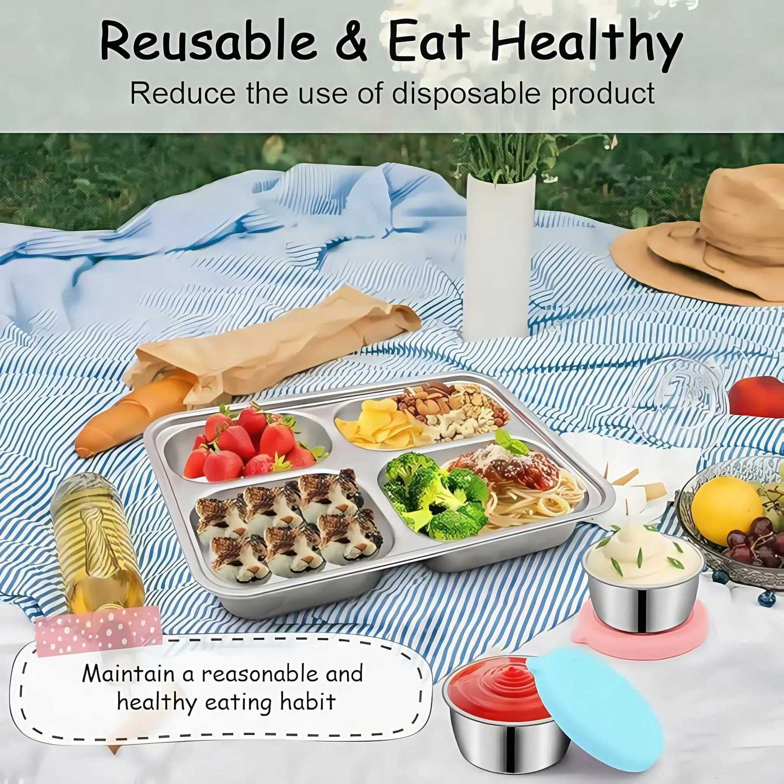 Stainless Steel Kids Lunch Box with 4 Compartments Silicone Lid 65cm for Small Container Ideal for School Meals SnacksM251121
