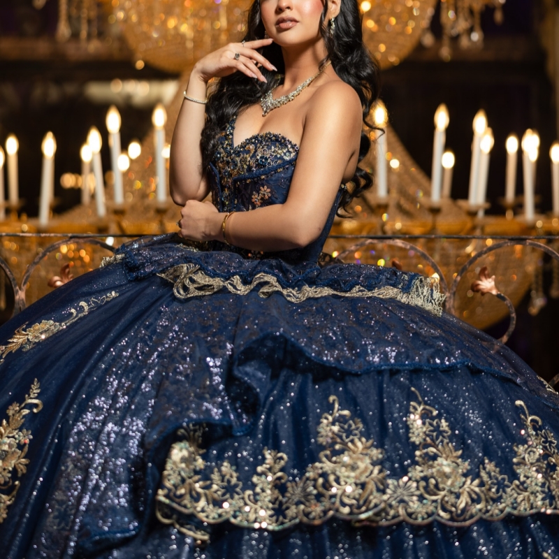Navy Blue Shiny Quinceanera Dresses Off The Shoulder Gold Applique Lace Beading Crystal Tiered Tull Corset Party Birthday Sweet 16 Dres Vestidos 15 An