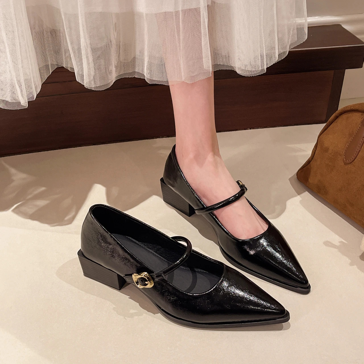 Retro Style Thick Heel Women Mary Jane Shoes Fashion Shallow Pointed Toe Ladies Comfort Office Pumps Footwear Low 251121