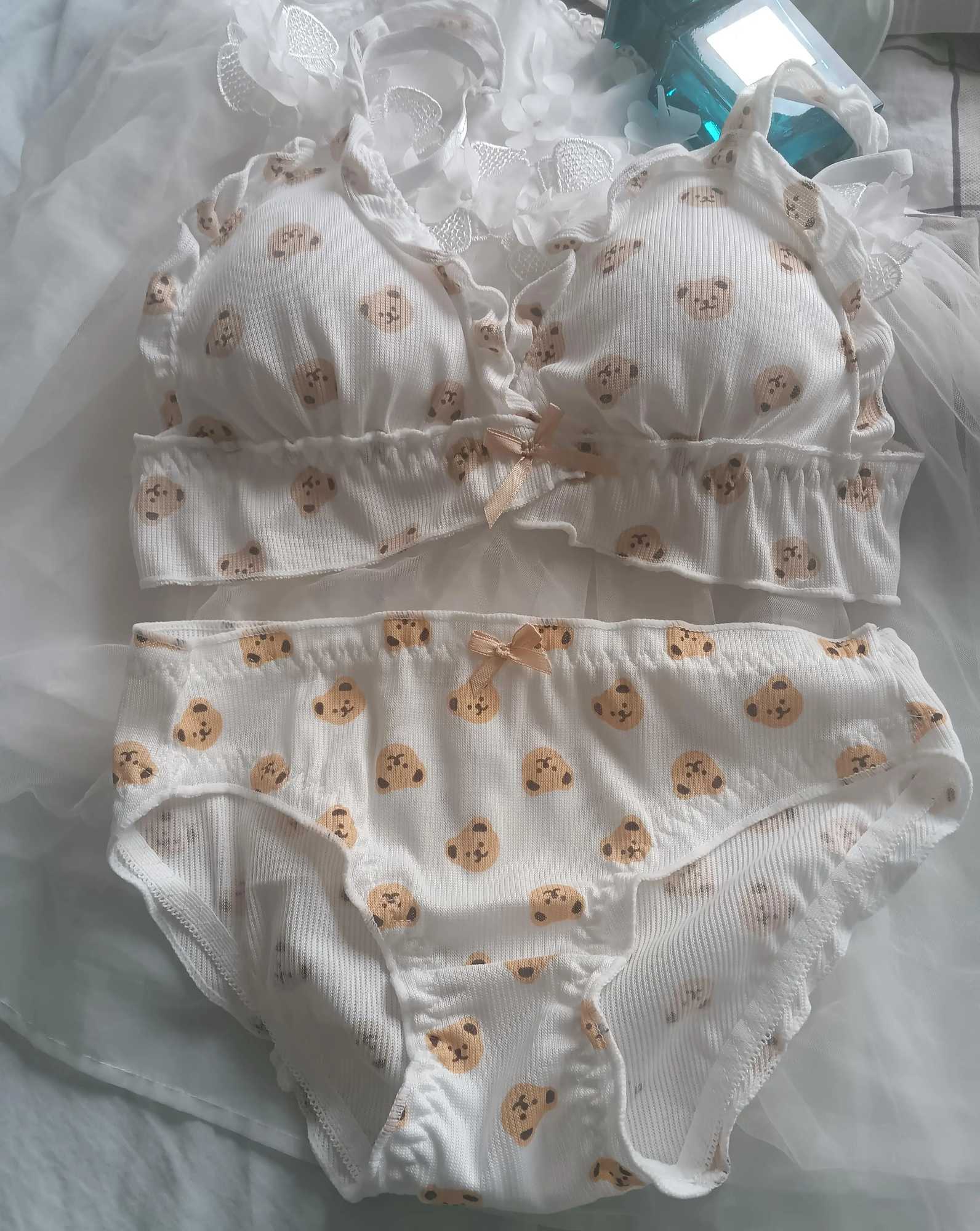 Japan Cute Girl Bear Bra Cartoon Cute Girl Without Steel Ring Anti-Sagging Sweet Ruffled Bow Bra Set as Well as Bra Single PieceXJ251106