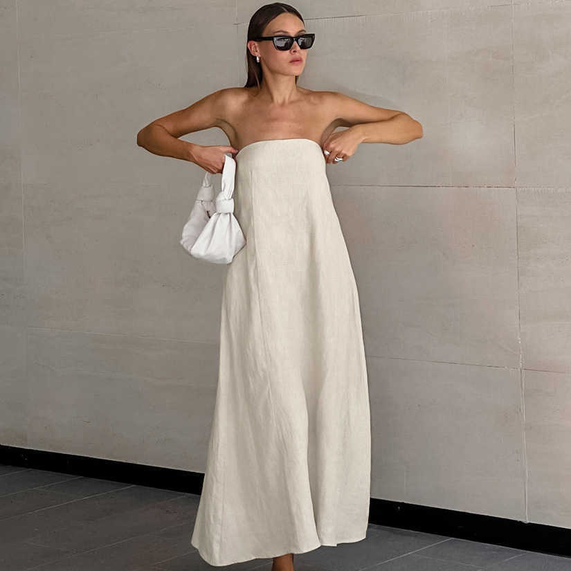 French khaki cotton and linen strapless vacation style high-waisted dress with backless back in 2025, the new summer long dress for women in Europe an