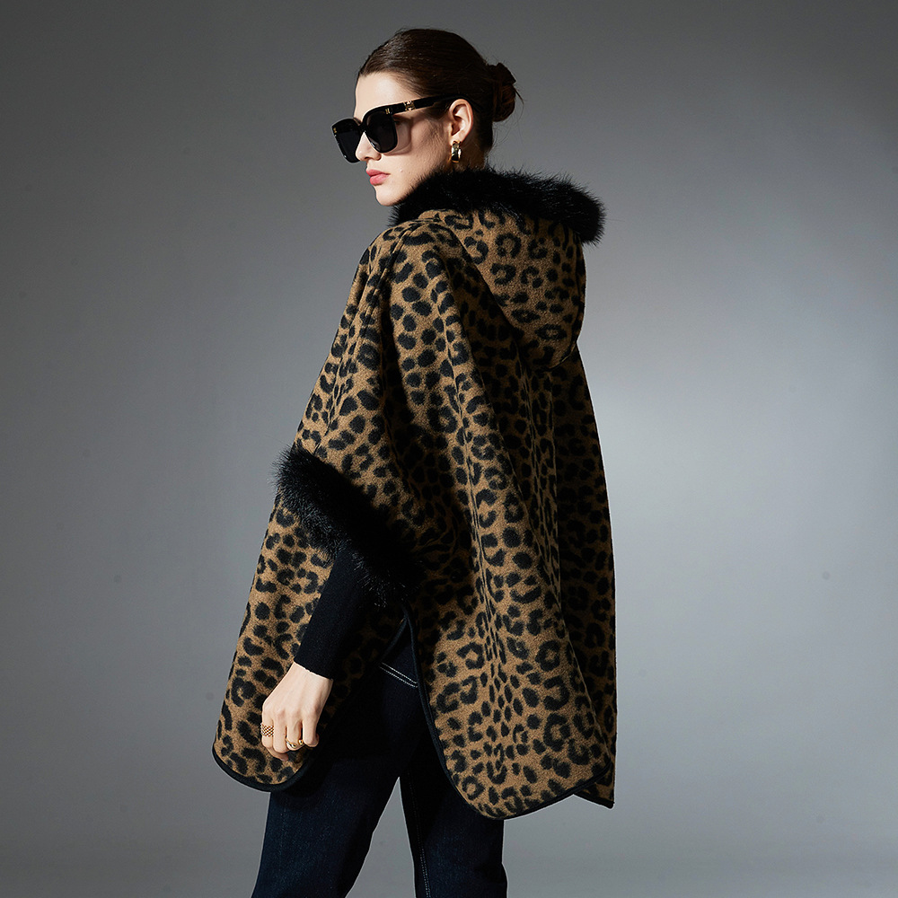 OC278M25 Women Leopard Print Cape Coat Hooded Faux Fur Trim Winter Warm Cardigan Street Fashion Outerwear Autumn Winter