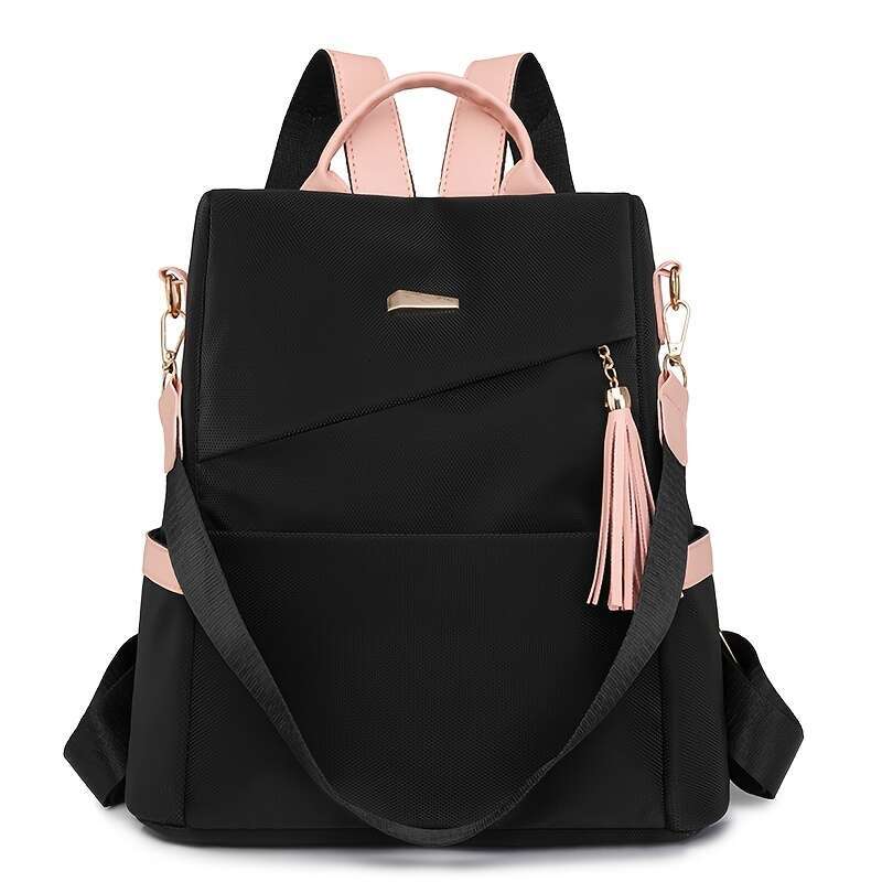 Preparation Elegant Women's Anti-theft Lightweight Backpack - Chic White with Pink Accents, Large Capacity, Adjustable Shoulder Straps, Tassel De