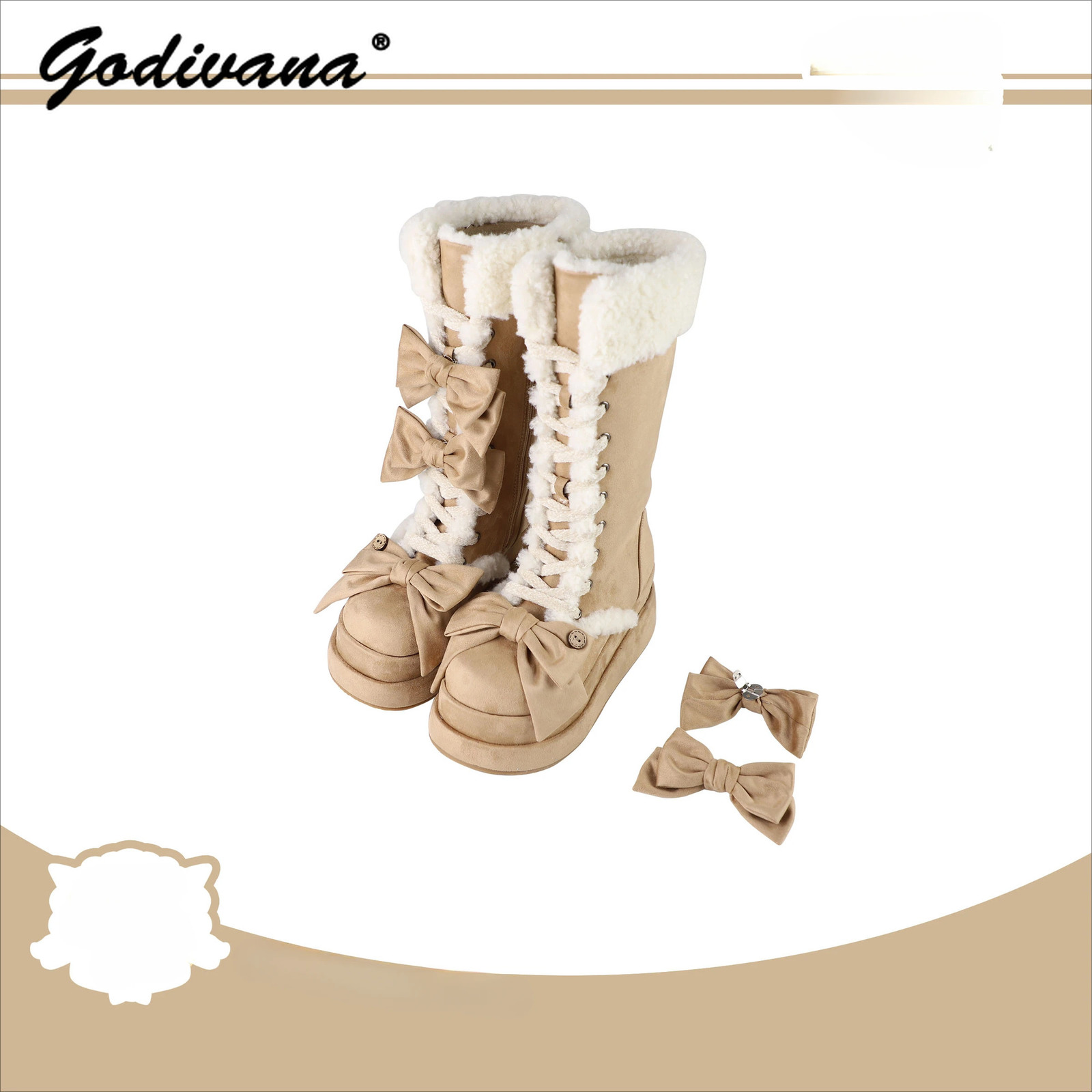 Lolita Winter Calf Boots Original Cute Bow Womens Warm Snow Plush Girl Female Suede Long Fur 251121