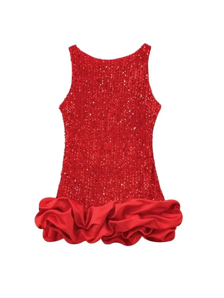 Women Sexy Fashion Matching Voluminous Hem Sequined Mini Dress O Neck Sleeveless Backless Female Dresses Vestidos Mujer 251112