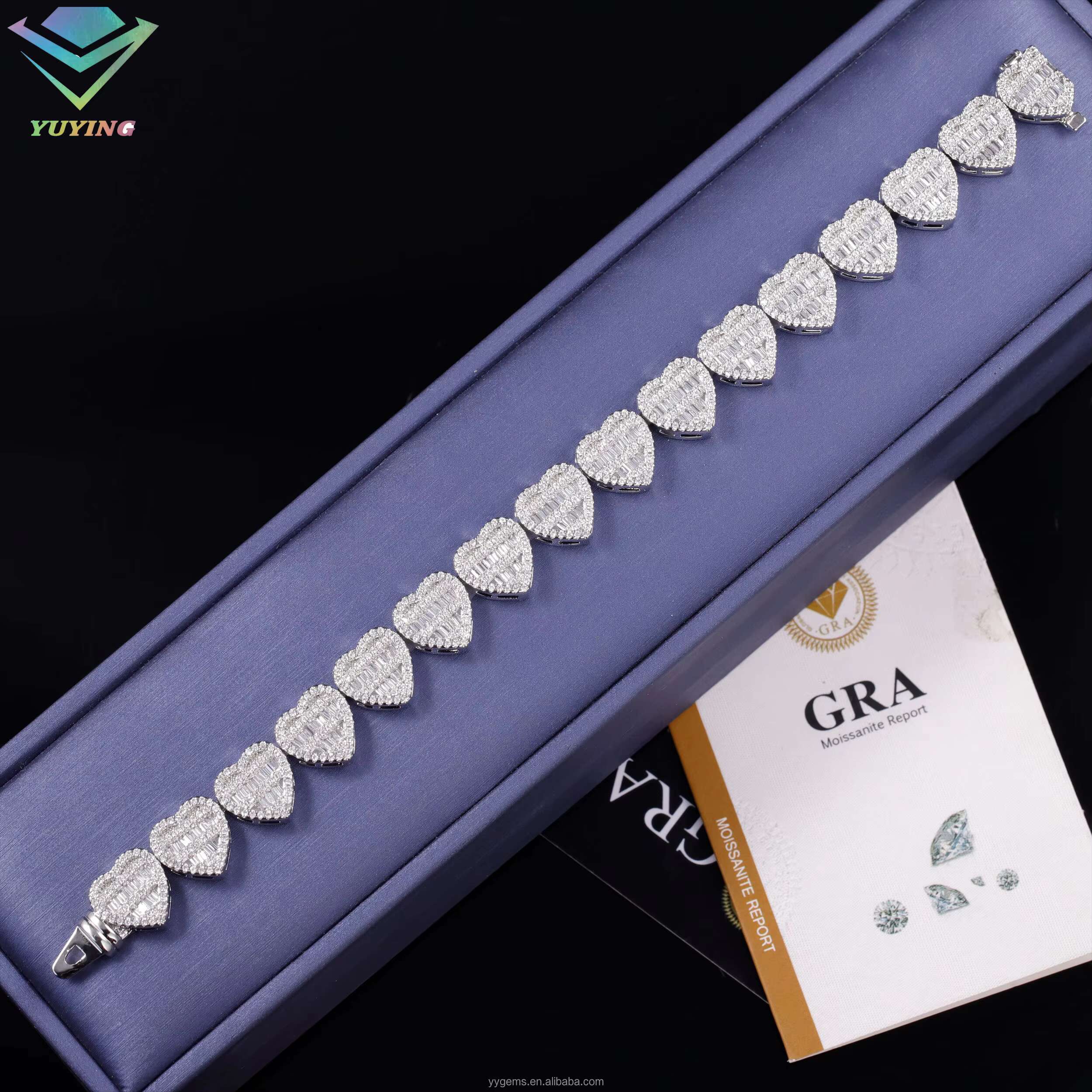 Fine Jewelry Heart Shape with Vvs baguette Moissanite Bracelet Women Men Design Cuban Bracelet Bangles