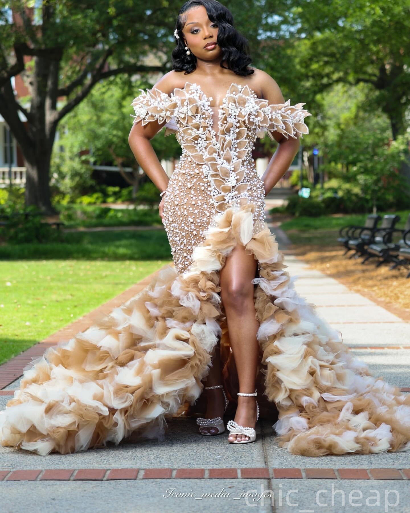 Champagne Mermaid Prom Dresses 2025 Florals Tiers Pearls Evening Formal Party Second Birthday Engagement Gowns Plus Size Dress For Special Occasions