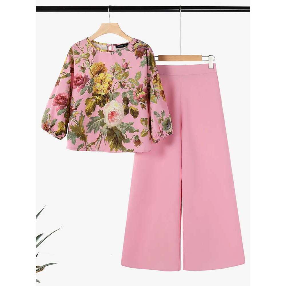 Designer Clothing Designer Clothing ZANZEA Spring 2Pcs Outfits Women Pant Sets 3/4 Sleeve Ral Printed Blouse Loose Trousers Suits Elegant Work Tracksu