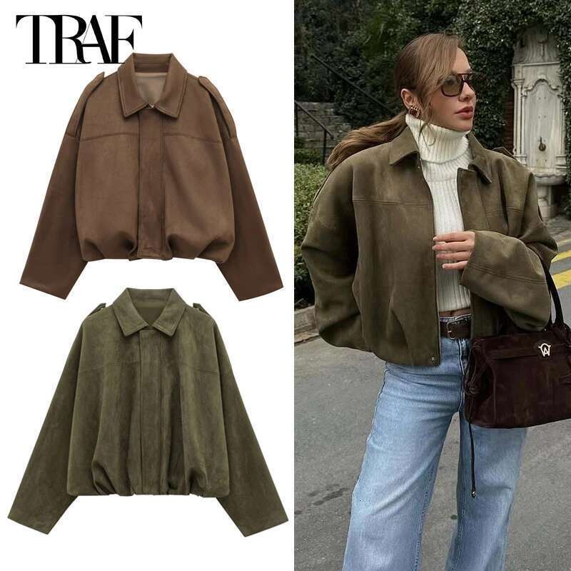 Designer Clothes TRAF 2025 Suede Bomber For Women Outerwears Oversized Jacket Woman Streetwear Zip Women's Coats Padded Varsity Jackets