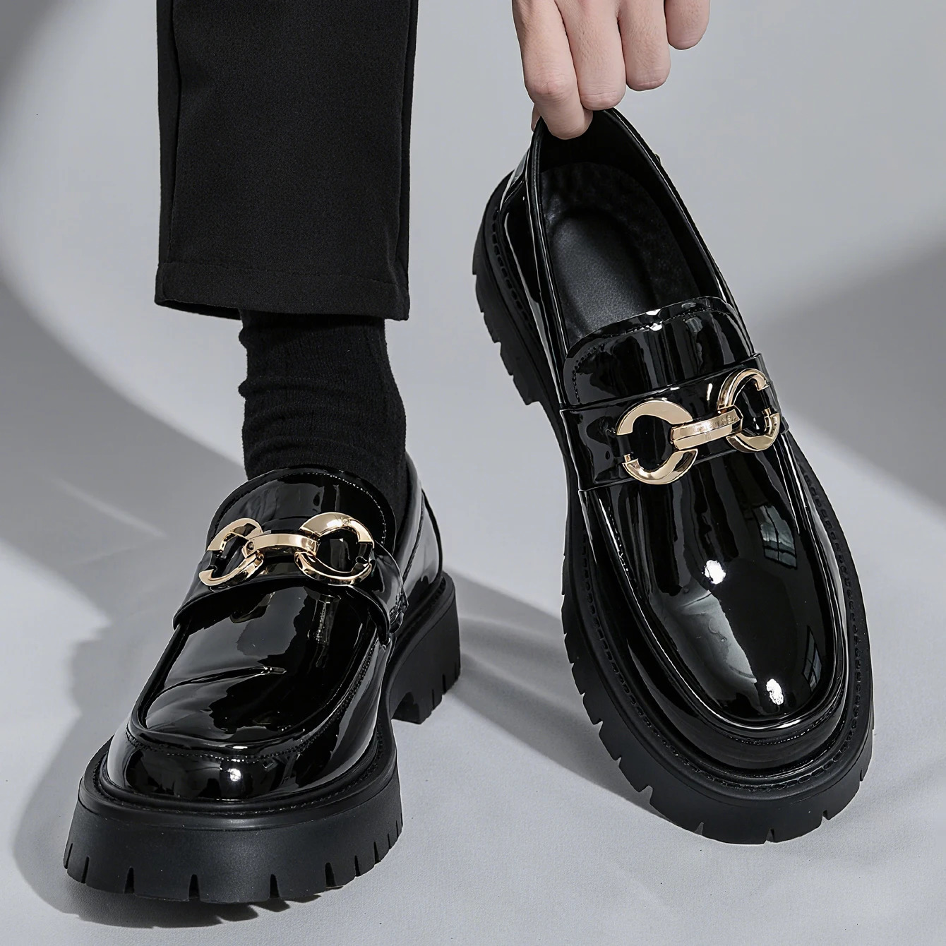 Fashion Thick Sole Mens Penny Loafers SlipOn Business Dress Shoes for Gentleman Metal Buckle Formal Black Glossy 251121