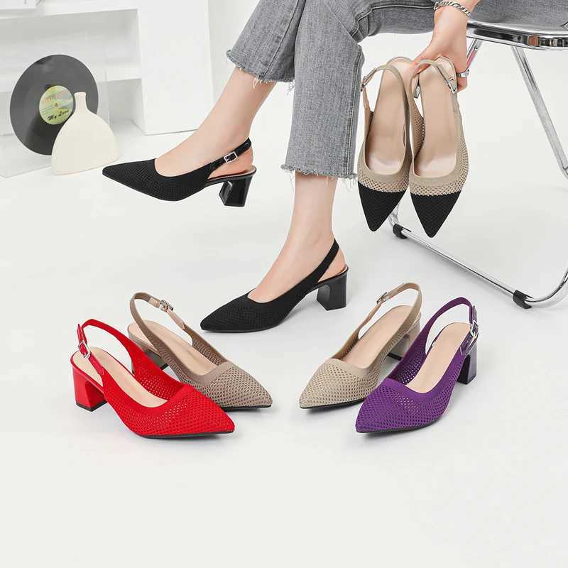Summer Womens High Heel Sandals Knitted Small Hole Breathable Shoes 2025 New Style (6cm High) M250421