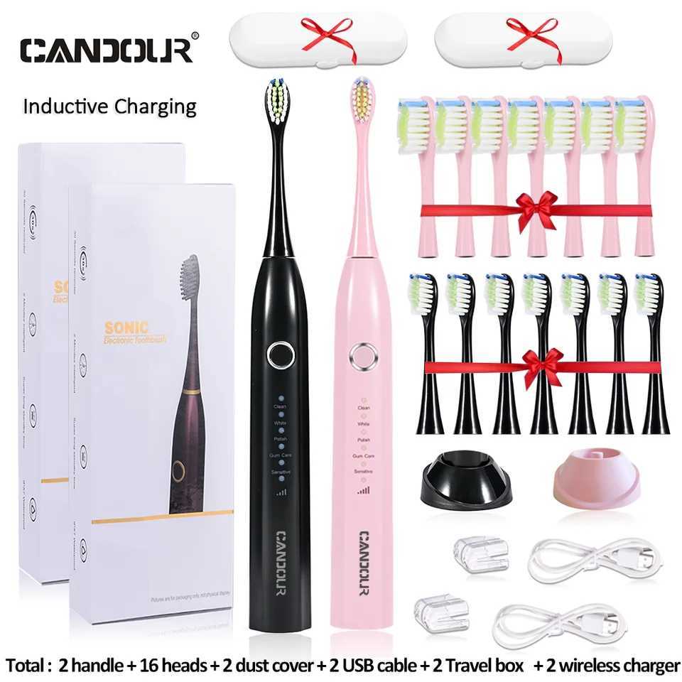 CANDOUR 5166 Sonic Electric Toothbrush Adult Timer Brush USB Rechargeable Electric Tooth Brushes with 8pc Replacement Brush Head C251121