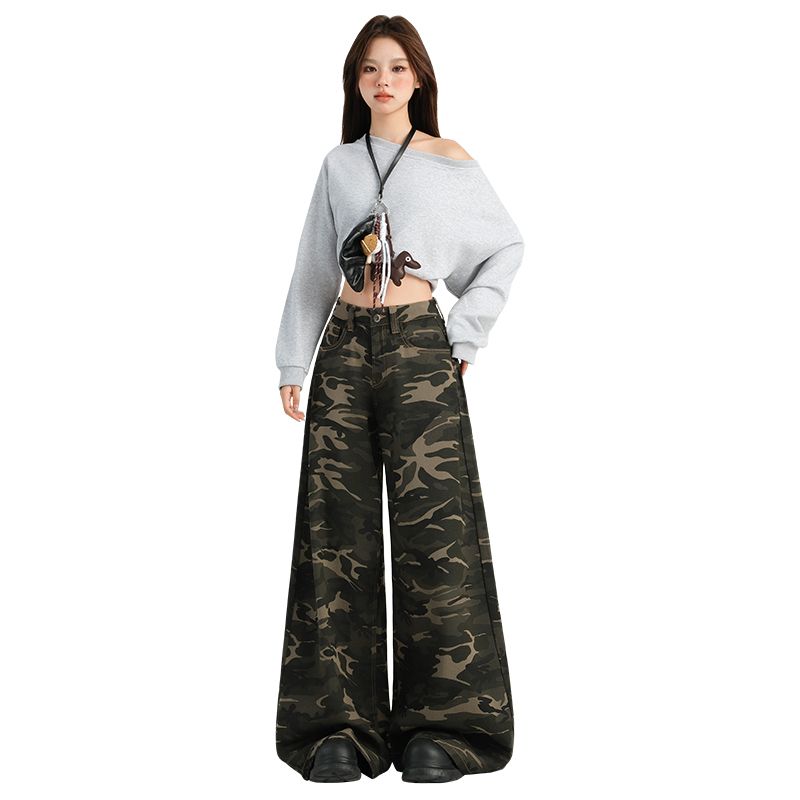 2025 Autumn/Winter new camouflage versatile high-waisted wide-leg straight-leg fleece casual jeans---DK8020