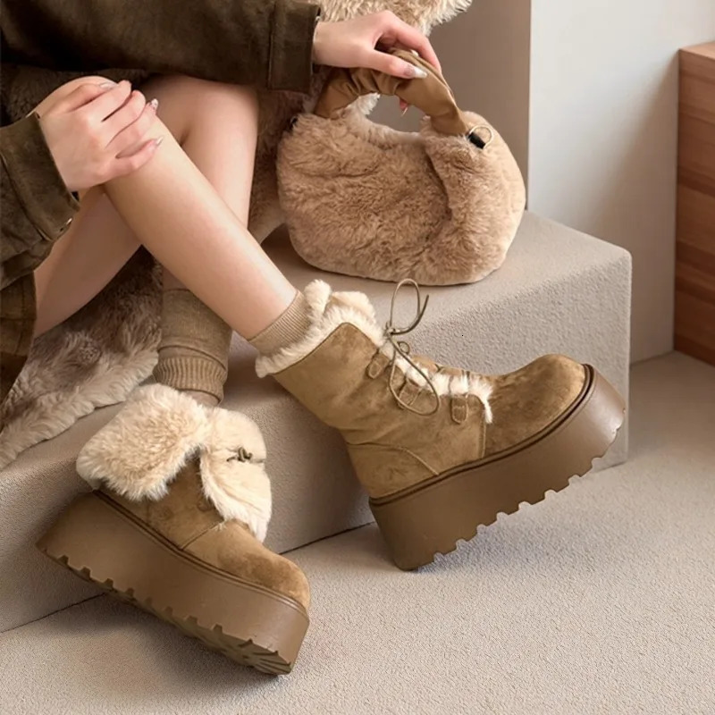 Winter Chunky Thick Sole Women Fur Snow Boots Concise Height Increase Shoes Ladies Outdoor Keep Warm Cotton Short Booties 251121