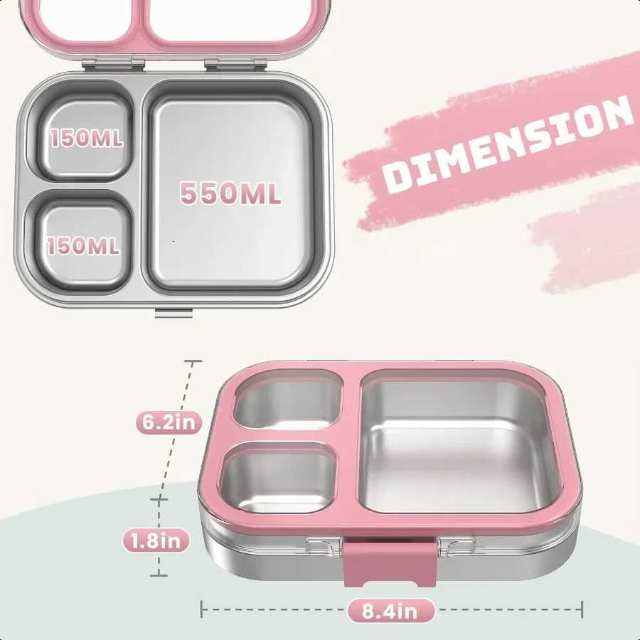 Stainl Steel Bento Box with Silicone Lid Leakproof Toddlers Lunch Container 3 Compartments Dishwasher Safe PinkM251121