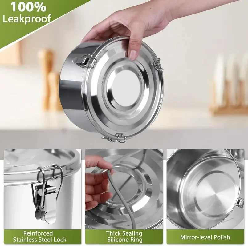 Stainless Steel Round Lunch Box with Lid Portable Leak-Proof Bento Boxes Food Storage Container Camping Picnic Bowl ContainersM251121