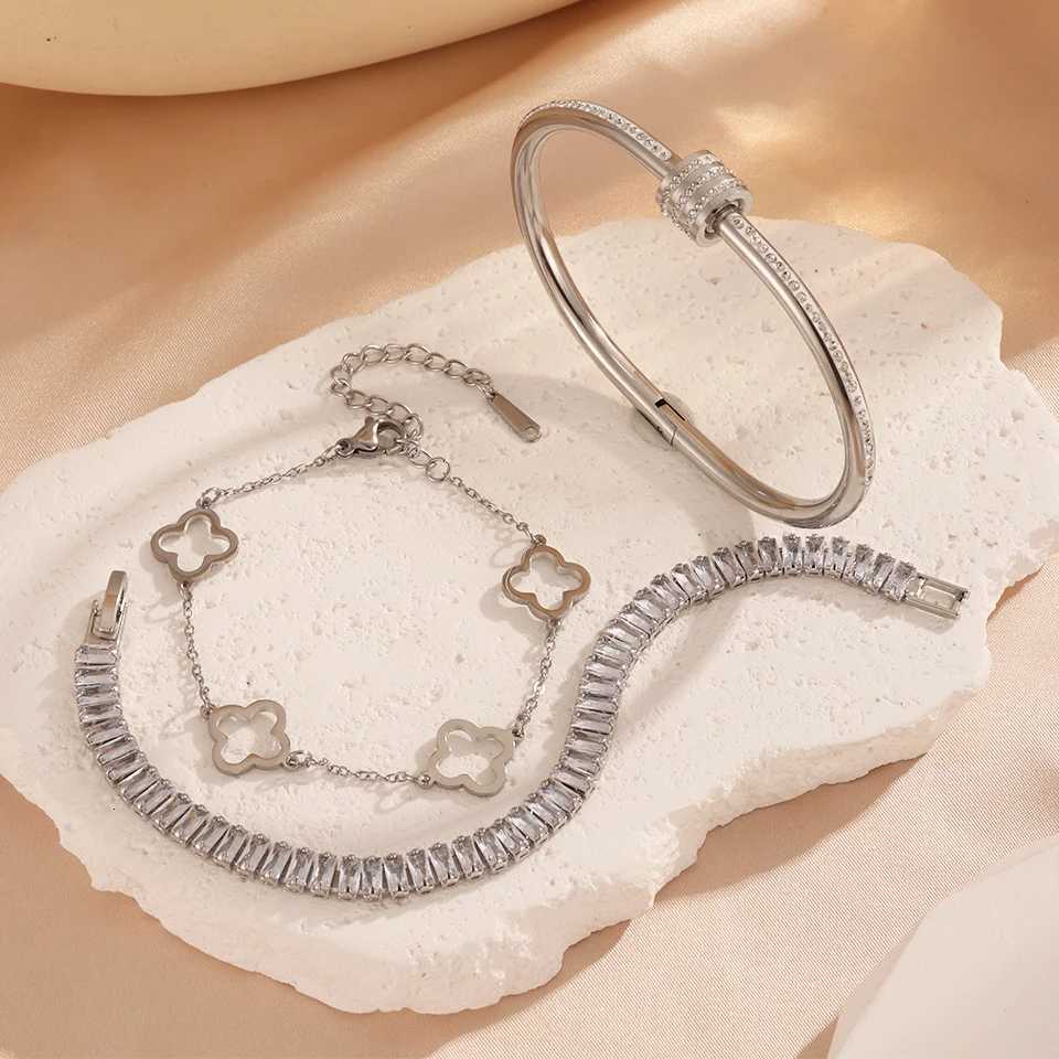 ZAKOL 3pcs Stacked Bracelet Set for Women Vintage StainlESS Steel Zircon Inlay Lucky Bangle Gift for WomenW251121