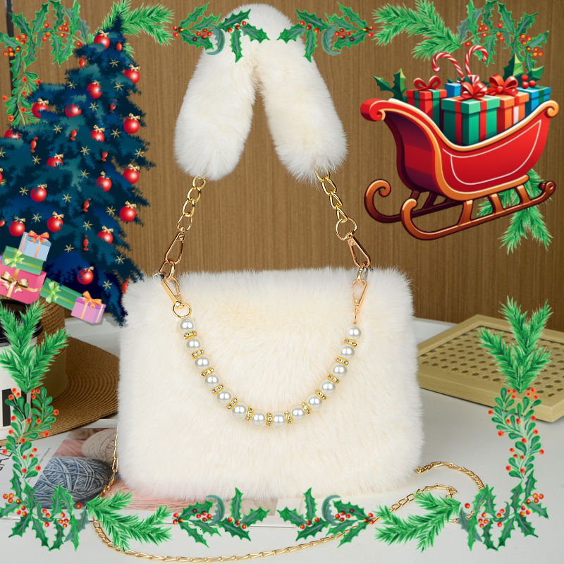 Christmas Luxury Bag New Fashionable Pearl Chain Women's Exquisite Underarm Bag Large Capacity Fluffy Handbag Shoulder Bag Designer Bag
