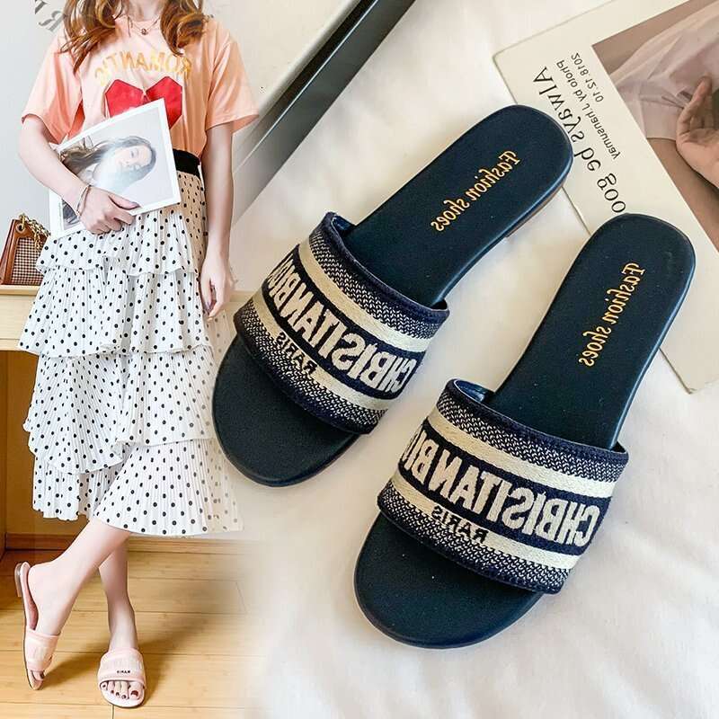 Free shipping 2025 new designer slippers flat slides for womens sandals girl blue pink fashion embroidery slipper outdoor dh5439299