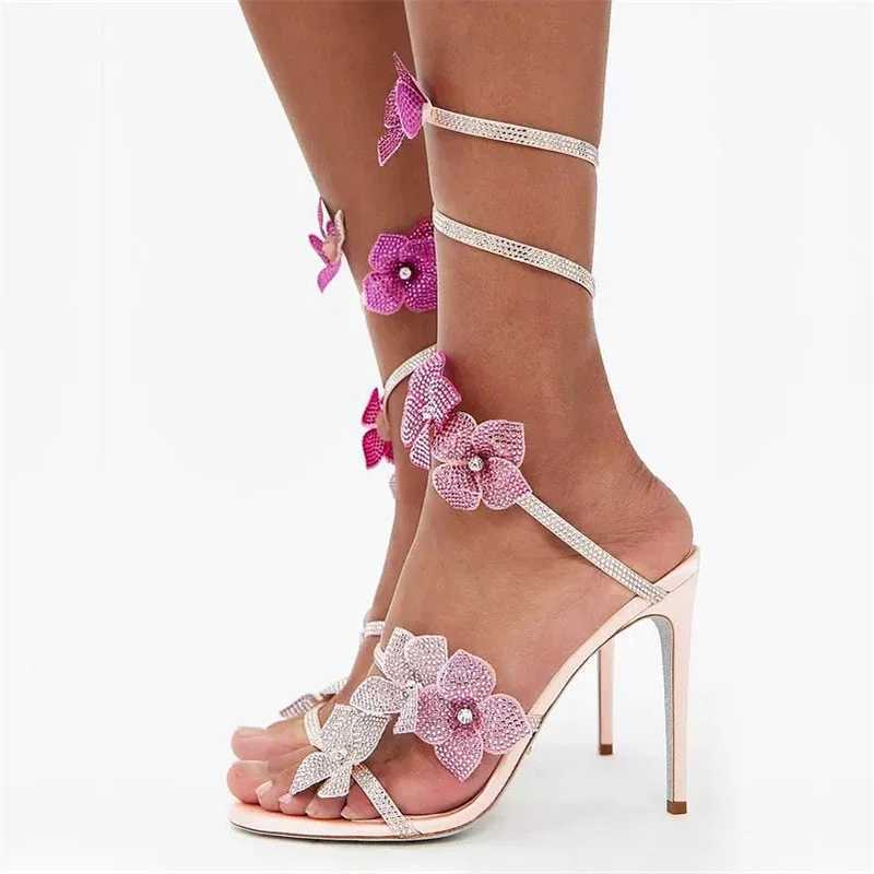 Eilyken Sexy CRYSTAL Flower Thin High Heels Women Sandals Street Style Narrow Band Ankle Strap Pole Dancing Ladies Shoes Z250617