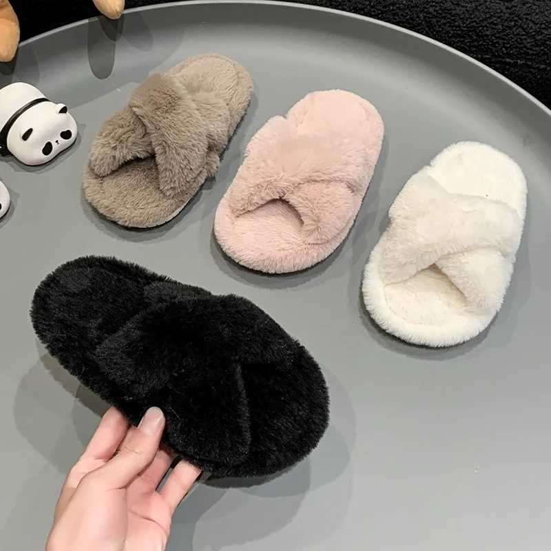 Winter New Kids Open-toe Slippers Solid Color Versatile Girls Home Cotton Shoes Fashion Warm Fluffy Children Fur Slippers SoftW251121