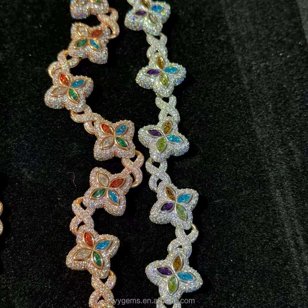 Fashion Hip Hop Jewelry Gold Plated 925 Sterling Silver Colored Moissanite Diamond Four Leaf Clover Necklace Cuban Link Chain