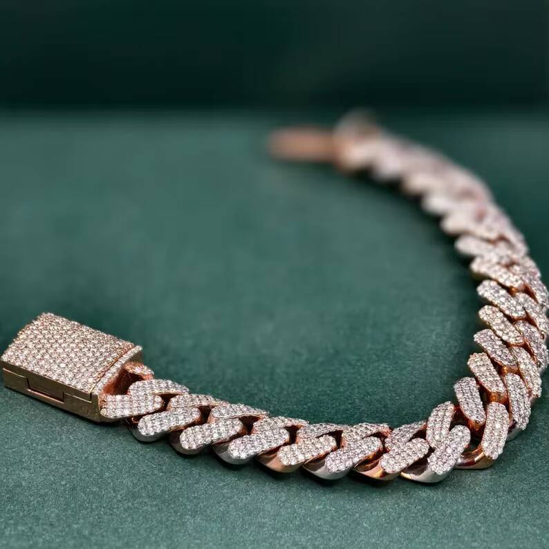 Iced Out Moissanite Cuban Link Bracelet Custom Clasp 925 Sterling Silver Rose Gold Hip Hop Moissanite Cuban Link Bracelet