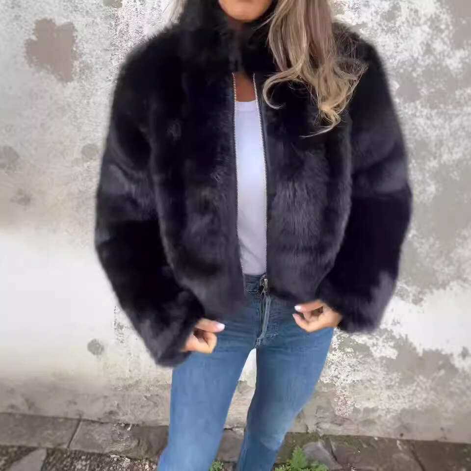 Fashion European Women's and Amazon American CrossBorder New Autumn Winter Faux Fur High Collar Zipper Short Casual Jacket Coat