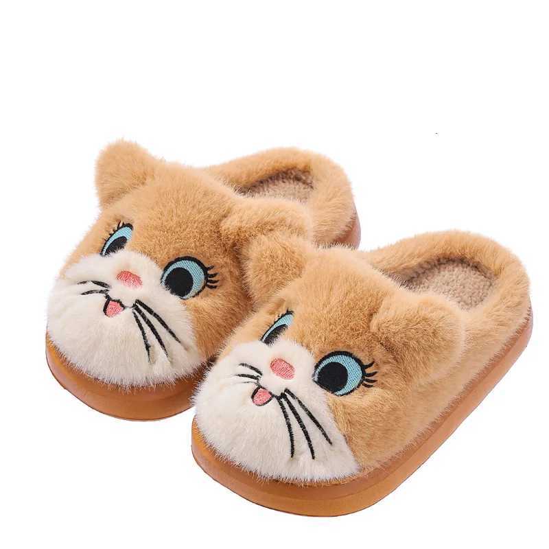 Winter Cartoon Cat Girls Boys Slippers Embroidery Plush Warm Non Slip Children Home Shoes Soft Bottom Kids Floor SlippersW251121