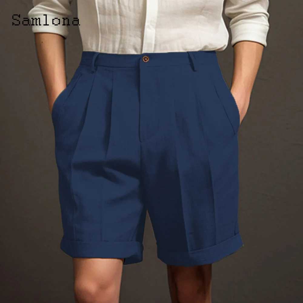 2024 American and European style casual linen beach shorts mens standing pocket classic basic shorts khaki white soft half pants new W250421